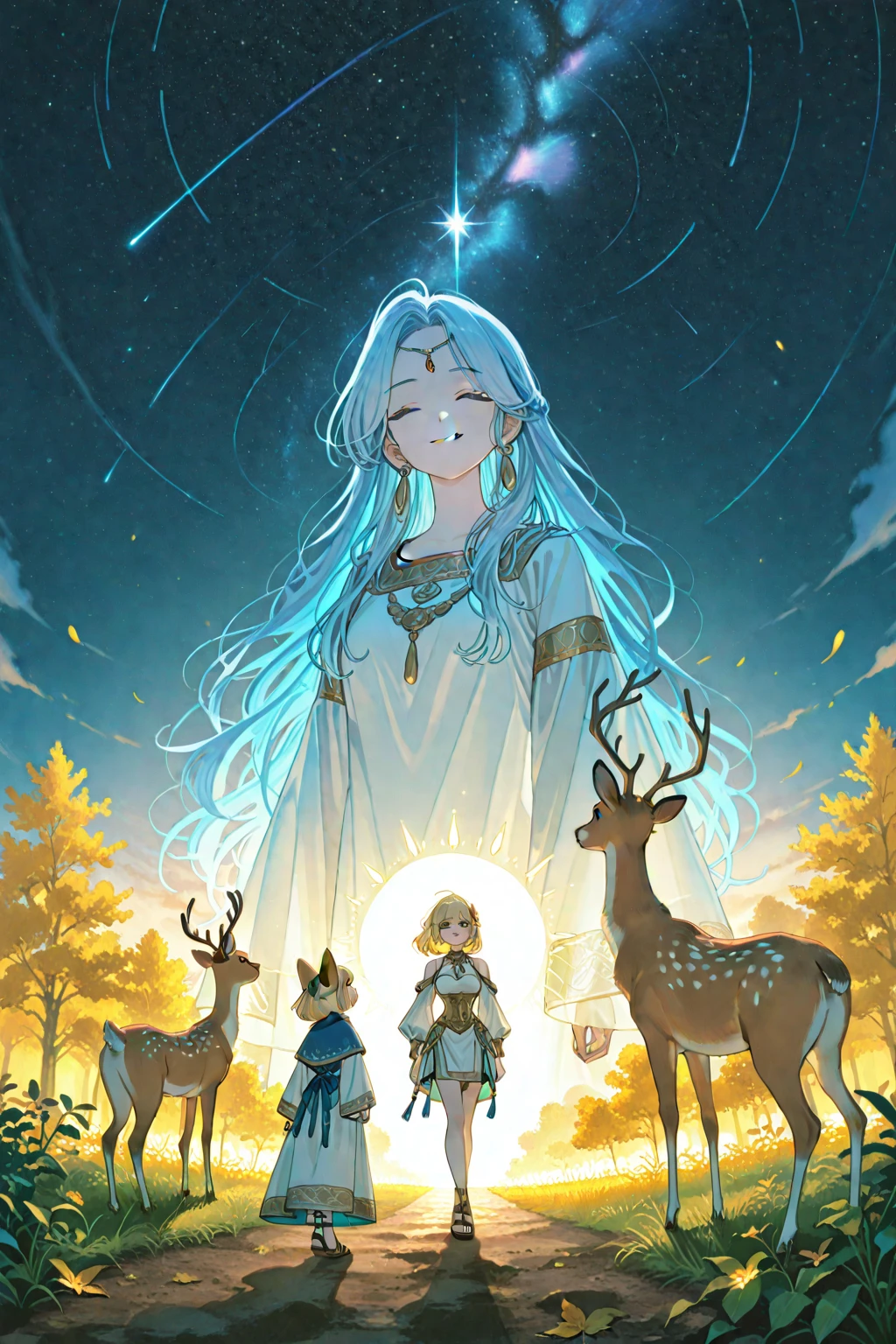Illustration of a hyper-realistic ultra-sky scene, de otro mundo, which features a giant full-bodied crystal tree, donde una chica gato de pelo rosa esta sentada adentro del arbol, Very detailed and magical lighting, detalles intrincados del bosque, vegetation and river around, solarpunk, paisaje, giant tree, Beautiful leafy with beautiful lighting and realistic proportions, as if it were a cinematic background, 8k, sthe highest qualit, una obra maestra, nubes y estrellas en el cielo.