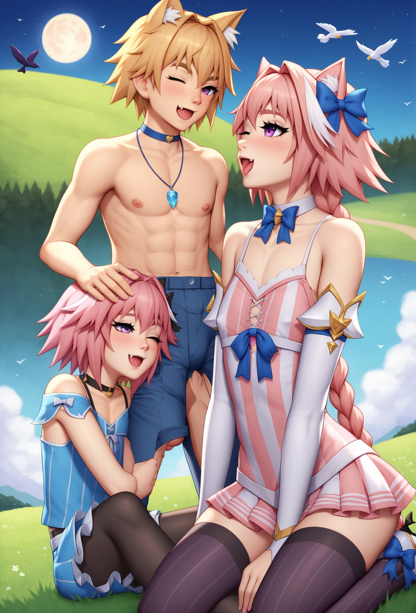 masterpiece, best quality, 1boy, 2girls, handjob, small penis, sandwiched, ffm threesome, <lora:qqq-ffm_handjob-v1:0.9>