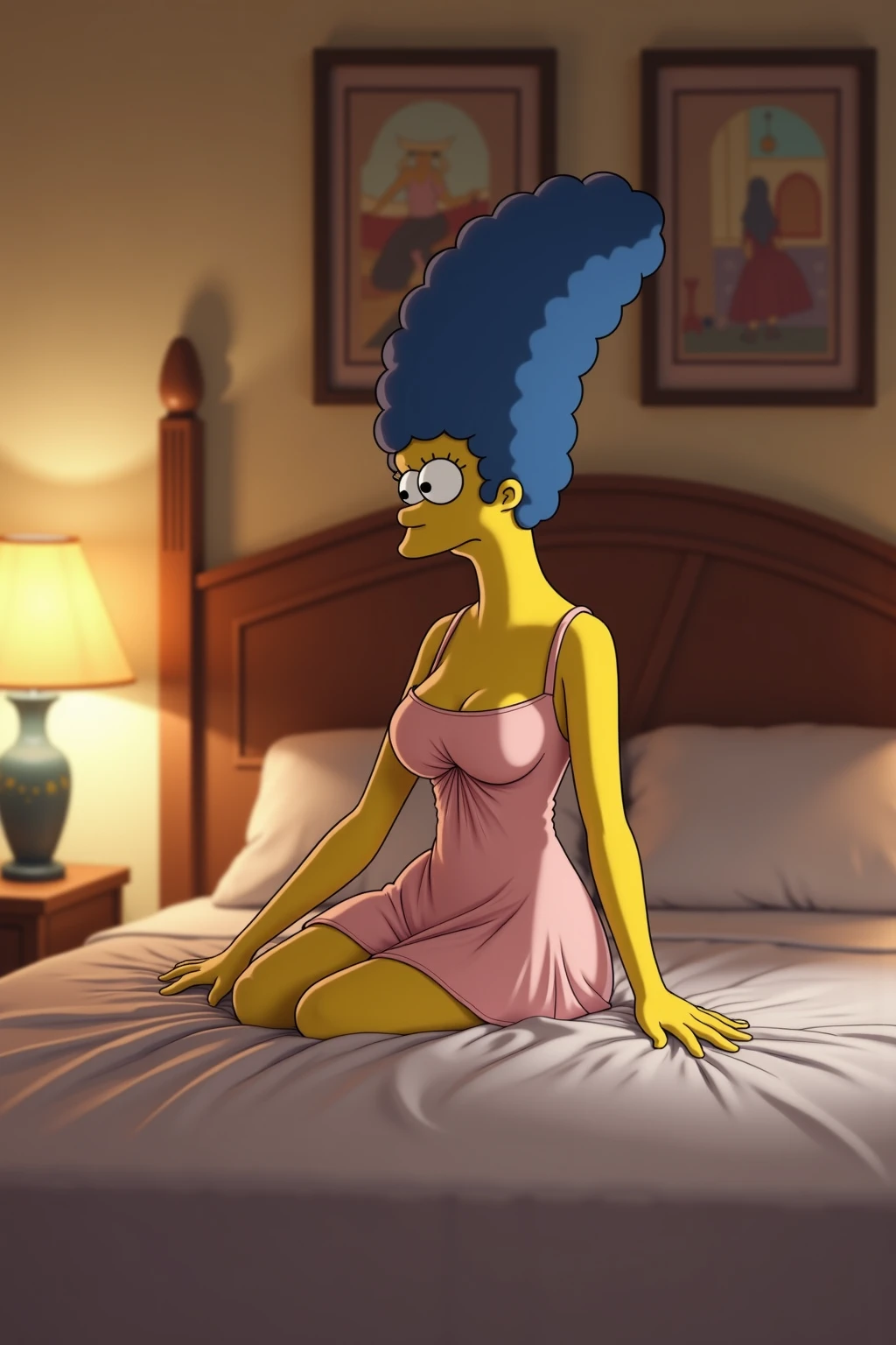 (((Marge Simpson)), sexy, seductive, curvy, wearing white lingerie, full body, sensual, genetic, morbid, carnal, attractive, "sexy", spicy, lustful