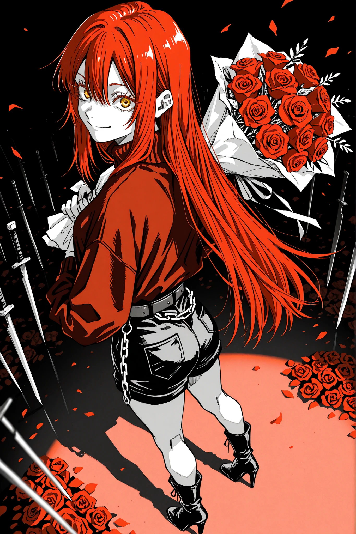 monochrome, hatching, jujutsu kaisen manga style, sketch, 1 girl , golden eyes , very long hair , long sidelocks, red hair , petite , very cute , beautiful ,Straight hair, cool, handsome, hair between eyes, red loose-fitting sweater, black shorts, belt with chains, high heel boots,,standing on a large stage, in front of an idol, holding a bouquet of flowers behind his back, knife blades in a bouquet of flowers, devilish smile, back view, looking over his shoulder, (foreshortening:1.4), upper body, dynamic angle, (blurry foreground:1.2), masterpiece, best quality, amazing quality, absurdres, ultra-detailed, very aesthetic, digital painting style, delicate skin texture, glossy eyes, detailed eyelashes, long eyelashes, ((watanabe_tomari)), hatching (texture), sketch, sharp, colorful, monochrome, maroon theme, moody colors, Sakamoto Days, Yuto Suzuki,