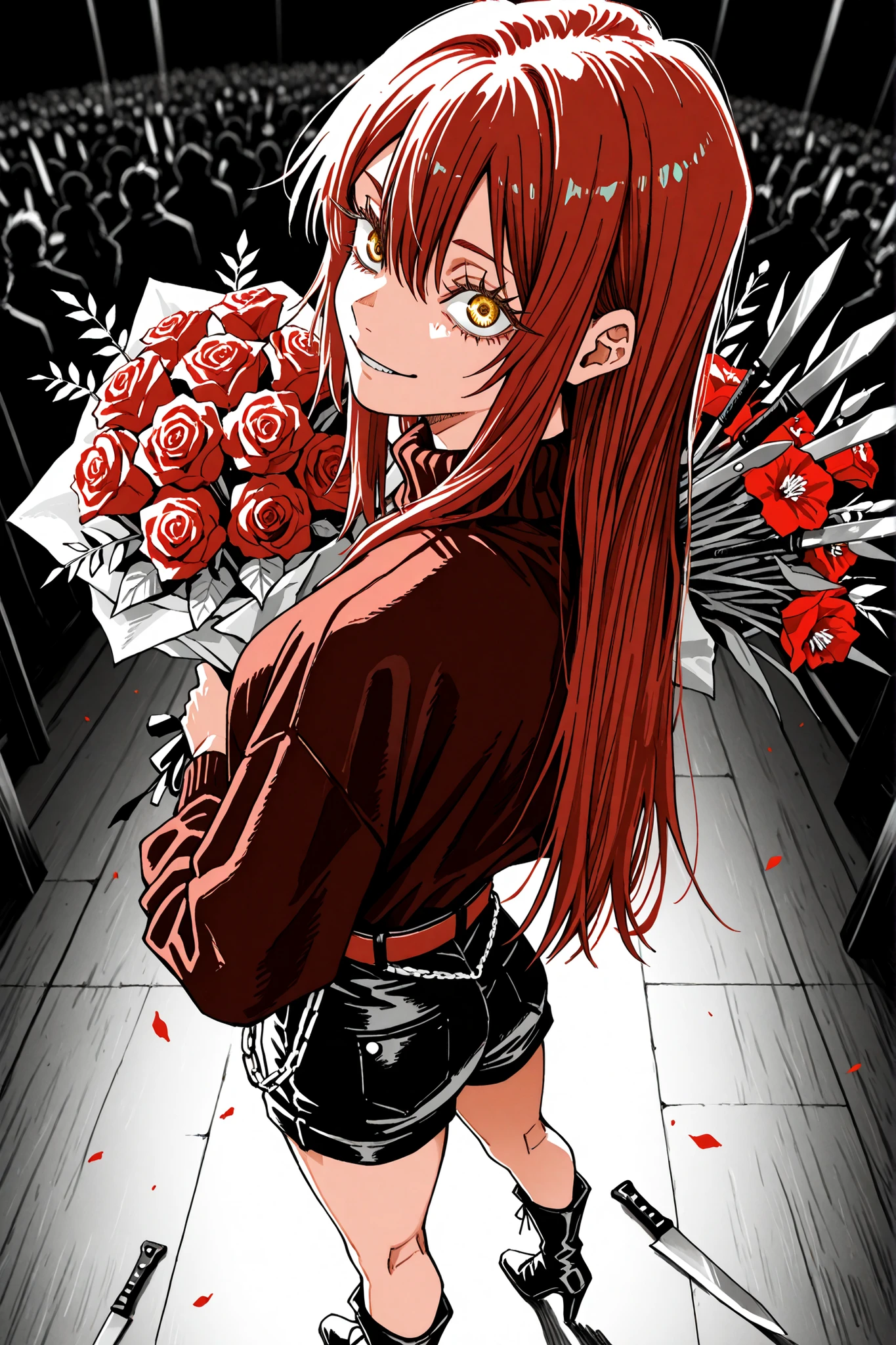 monochrome, hatching, jujutsu kaisen manga style, sketch, 1 girl , golden eyes , very long hair , long sidelocks, red hair , petite , very cute , beautiful ,Straight hair, cool, handsome, hair between eyes, red loose-fitting sweater, black shorts, belt with chains, high heel boots,,standing on a large stage, in front of an idol, holding a bouquet of flowers behind his back, knife blades in a bouquet of flowers, devilish smile, back view, looking over his shoulder, (foreshortening:1.4), upper body, dynamic angle, (blurry foreground:1.2), masterpiece, best quality, amazing quality, absurdres, ultra-detailed, very aesthetic, digital painting style, delicate skin texture, glossy eyes, detailed eyelashes, long eyelashes, ((watanabe_tomari)), hatching (texture), sketch, sharp, colorful, monochrome, maroon theme, moody colors, Sakamoto Days, Yuto Suzuki,