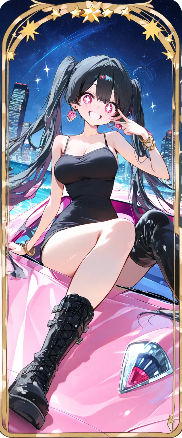best quality, masterpiece, highres, solo, {st_louis_azurlane:1.15}, blue_hair, bangs, sidelocks, breasts, large_breasts, side_ponytail, blush, long_hair, cleavage, purple_eyes, hair_ornament, smile, hair_between_eyes, jewelry, pink_eyes, 1girl, bare_shoulders, dress, hairclip, looking_at_viewer, motor_vehicle, necklace, night, night_sky, parted_lips, silver_dress, building, car, evening_gown, ground_vehicle, halter_dress, revealing_clothes, cityscape, halterneck, hand_on_own_chest, plunging_neckline, sky, earrings, nail_polish, official_alternate_costume