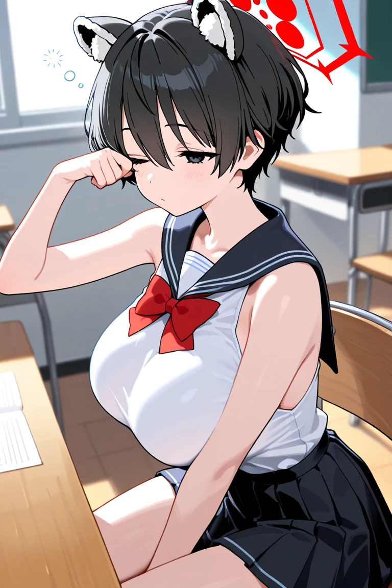 (masterpiece、Highest quality)、Highest quality, Ultra-high resolution, (((masterpiece))), alone, Sweat、Big eyes, Composition from the front、short hair、both ears、Embarrassed face、Blonde Hair、School classroom、Sailor suit、Upper body naked、Breasts exposed、Nipples、Large areola、belly button、skirt、Upper body close-up、Sit with your legs apart、panties、Pussy Line、Browsing Caution