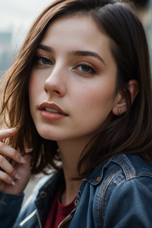 RAW,( 23 year old woman, sitting on a bench ),[ gran detalle: ( ojos: Maisie Williams),(frente : Laure lipton),(jaw angle: Laure Lipton),(cejas: Laure Lipton),(jawline: Maisie Williams),(Eyelids: Laure Lipton),,(hairstyle: Laure lipton),(nariz: Maisie Williams),(boca: Maisie Williams),(Breast: Laure lipton)]