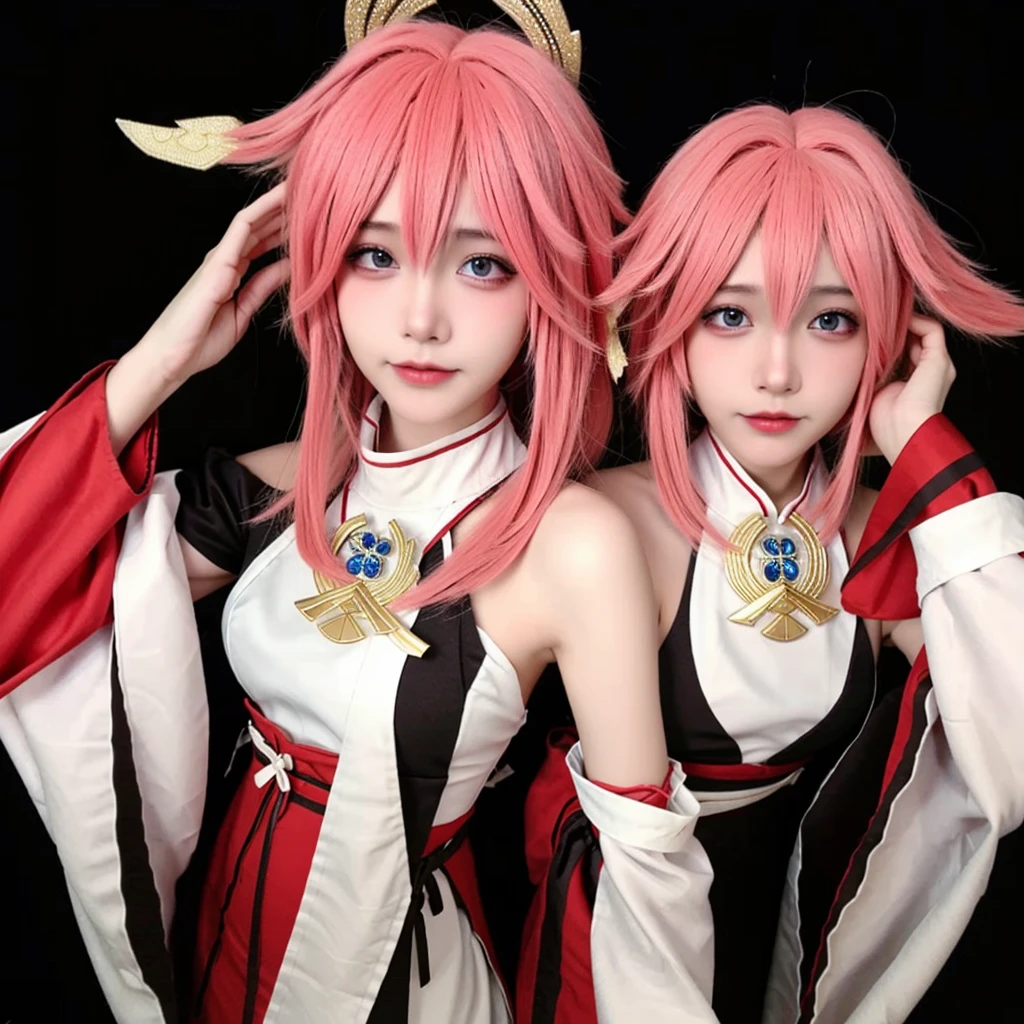 2girls, (ulzzang-6500:0.7), hatsune miku \(cosplay\),huge breasts,upper body,  detached sleeves, bare shoulders, blue hair, very long hair, open clothes, best quality, (painting:1.5), (hair ornament:1.35), jewelry, purple eyes, earrings, breasts, torii, cherry blossoms, street light, depth of field, detailed face, face focus, ribbon_trim,(looking at viewer:1.25), nontraditional miko, shiny skin, long sleeves, smile, thick lips, game cg, east asian architecture, (blurry background:1.2), sitting, upper body
 <lora:yaeMikoRealistic_yaemikoMixed:1>