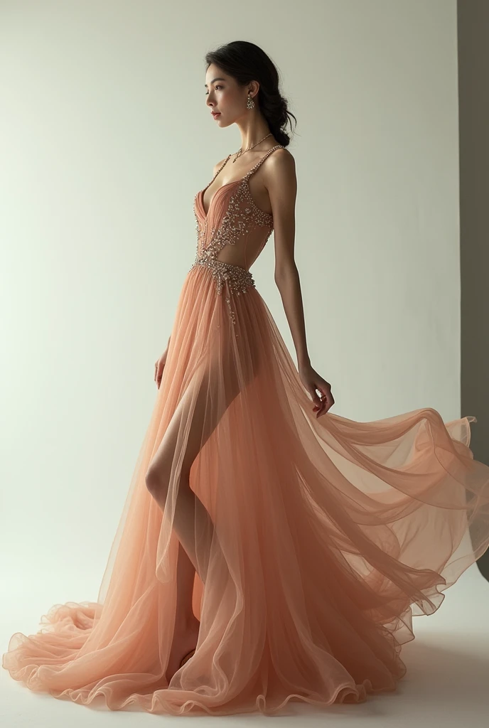 European woman model with hairstyle wearing long dress with colorful rhinestones. show the whole body.