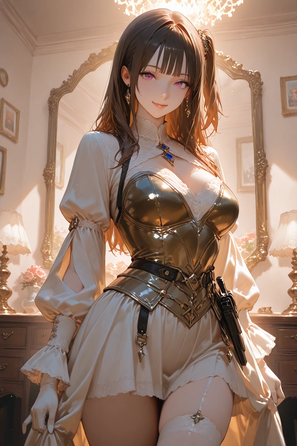 (From below),(Cinematic scene,(Pornographic Images),Fantasy Art, Highest image quality, Hyperrealist portrait, (8K), Ultra-realistic, Best Quality,  High quality,  High Definition,  high quality texture, high detailing, Beautiful detailed, fine detailed, extremely details CG, Detailed texture, realistic representation of face, masutepiece, presence, Dynamic, Bold), 1girl in, Ultra detailed skin, Curve, Petite, Beautiful breasts, Large breasts, pale skin, pointed breast, Erect nipples, (Thin hair), (Soft hair), Swept long bangs, Extra bright coppery amber hair, Hair over one eye