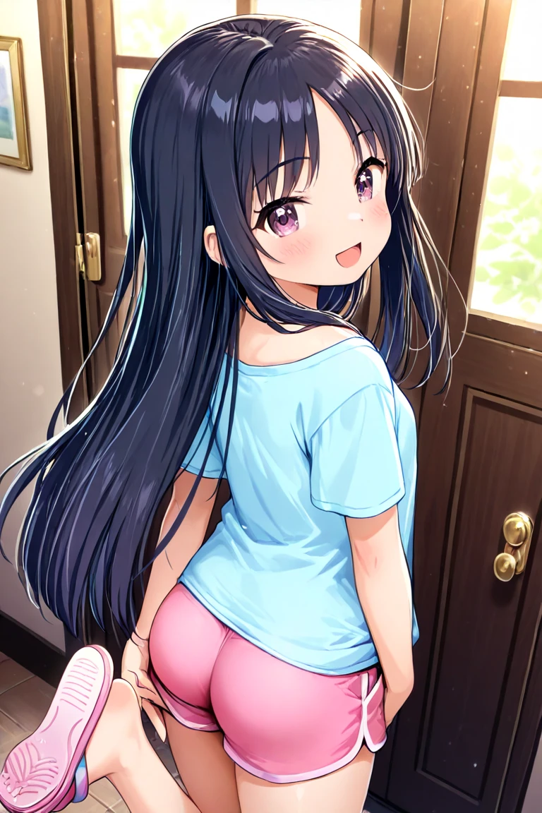 (Rear insertion position, ), Black Hair, Long Hair, Cute Hips, lure, ,(Printed T-shirt、Long skirt、Striped Lingerie、White garter stockings), (With your back against the wall), legs apart、nsfw、BREAK Perfect Anatomy、Highest quality、(cute:1.1)、(cute)、(High resolution:1.2)、Unbelievably absurd:1.3、Incredible illustrations、(cuteイラスト:1.2)、Beautiful background、(1 girl) 、solo)、(10th Generation、JK、Loli face、Small breasts:1.2)、slender、、(skirt lift,upskirt,from behind),、(tooth:0.6)、、Eye highlights、embarrassed