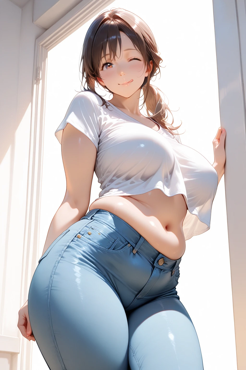 ,、,one girl, dark brown hair, long hair(pony tail tied into blue ribbon), long bangs, red eyes, beautiful eyes, perfect body, thick thighs,perfect hands,white t-shirt, bluelong raglan sleeves, red shorts (denim texture),shy pose, in abandoned forest,abandoned greek columns, ruins, autumn,sunset