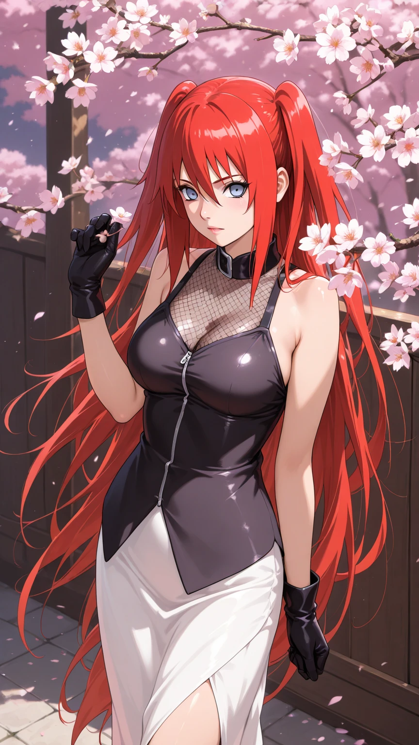 masterpiece,best quality,highres,ultra-detailed,solo,cowboy shot,1girl,medium_breasts,long hair,red hair,standing,outdoors,garden,cherry blossom,trees,feather_cover_dress,topless,