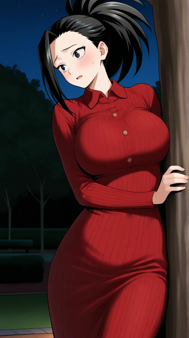 garden background, ada wong, anime cels style, best quality, high resolution, 1girl, (huge breasts:1.2), beautiful face, lipstick, cowboy shot of beautiful ada, looking at viewer, red dress, black hair, blush, short hair