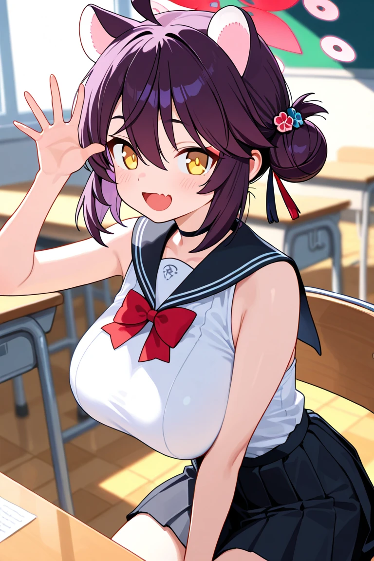 Masterpiece、8K、beautiful girl,Evening Classroom、Sailor suit、Clearly defines the overall facial contours,Depict the whole body,Beautiful posture,Hair is purple、Sweat、Oily skin、Twin tails、Fine skin、sneakers、Looking up、blush、skirt、Stretching out the tongue、Sit on a chair、Open your mouth wide、Muscular belly
