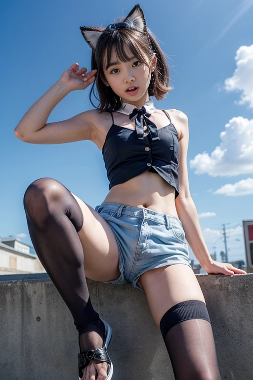 (Climbing the hills of the city、18-year-old female:1.5)、(Gentle smile:1.2)、(The best quality at its best:1.4), (Super detailed), (Very detailed CG unified 16k), Beautiful woman with perfect figure: 1.4, Sharp focus: 1.2, Very detailed, High-quality RAW color photos, Professional photography, Great face and eyes, cosmetics, (Amazingly beautiful girl), ((White sleeveless、Denim mini skirt、Black Stockings、Black boots:1.5)), (White panties:1.5)、Sexy posture，(View from below), Realistic movie faces, Full body long view from head to toe, Realistic, ((Realistic natural orange red hairstyle, Realistic blue eyes)), ( Short Bob Hair:1.5), (necklace:1.5)、, Very beautiful face, Perfect model beauty, Mouth swelling, Highly detailed face and skin texture, Fine grain, double eyelid, Medium chest, smile, (masterpiece), highest quality, High resolution, Very detailed, Blurred Background, Depth of written boundary, Cinema Lighting, Great legs, , Clear, well-maintained skin,

