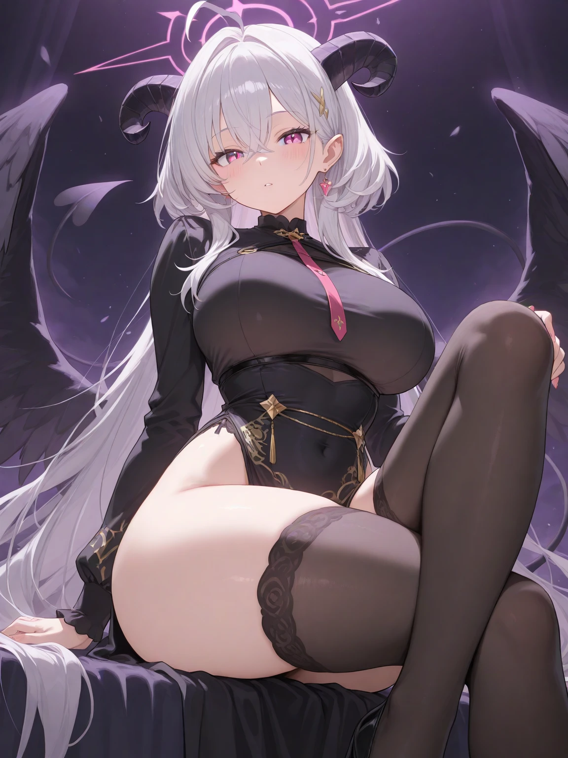 Masterpiece, best quality, 1girl, dark fairy, busty, small waist, large hips, large cleavage, white hair, red eyes, sitting on a big crow, saddle, large dark wings, arrogant look, dark clothes, night