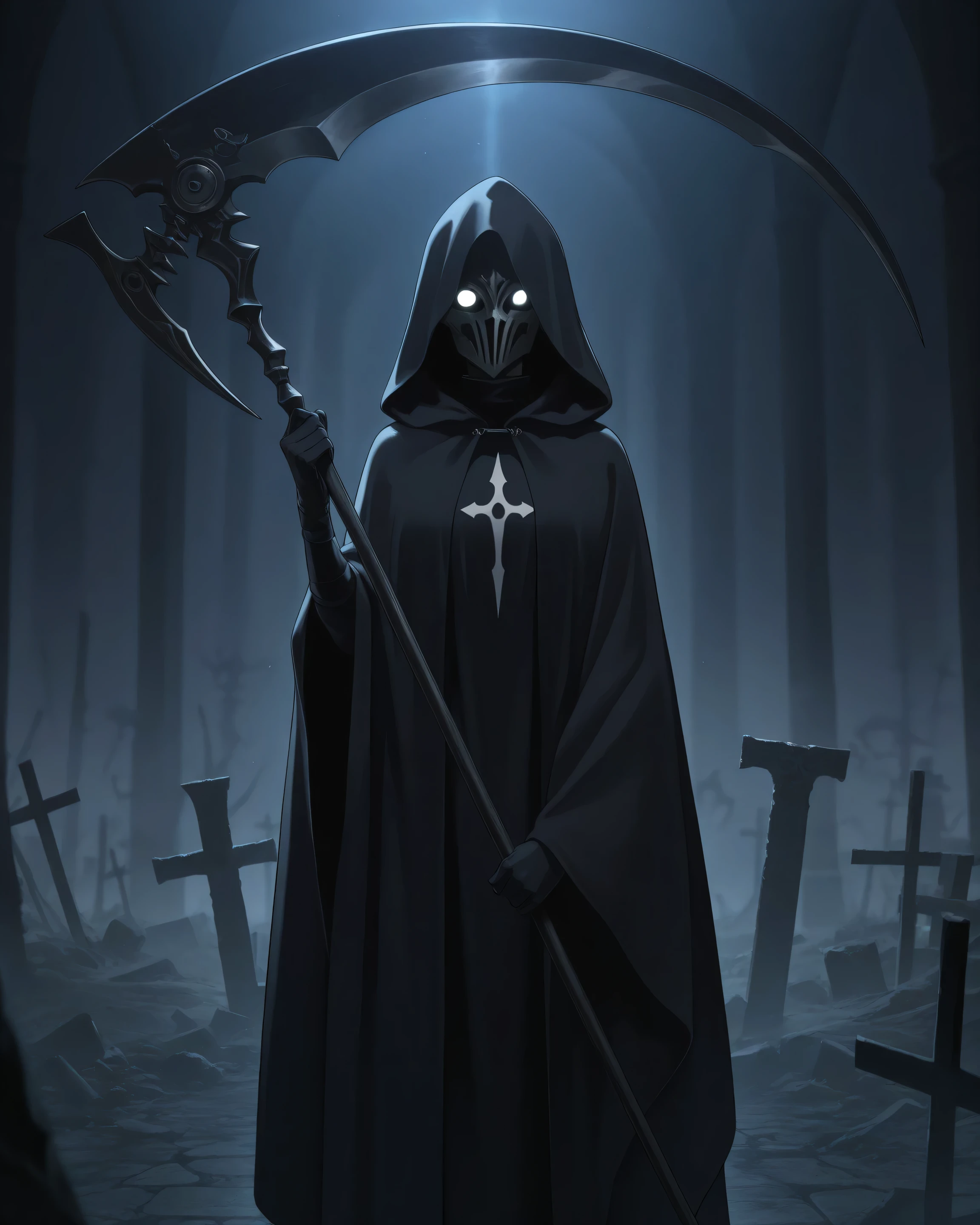 score_9, score_8_up, score_7_up, best quality, detailed face, detailed background, maximum detail, beautiful face, beautiful eyes, very aesthetic, absurdres, perfect lighting, nsfw, anime coloring, 1female, hood up, black grim reaper robe, face hidden, black gloves, dark graveyard, wizard mask, wielding single scythe,