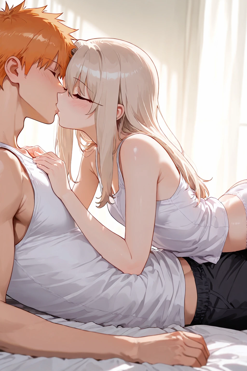 ((breasts showing), score_9, score_8_up, score_7_up, source_anime, rating_safe, , (realistic:0.6), , depth of field, 1girl, solo, sachi_umino, blonde ponytail hair, purple eyes, short hair, bangs, hair between eyes, close-up, apartment, indoors, dark, standing, spread legs, open mouth, horny faces, orgasm, ahegao, camisole, navel, she is hot and very swearty, wet body ,half naked, pussy, arms behind head, armpits, sweaty armpits, sex, 1 boy grab her breasts , cum in pussy, , open legs, nsfw:1.5, , cum on body, , licking her armpits, standing sex, from side view, vaginal, saliva, panties aside
