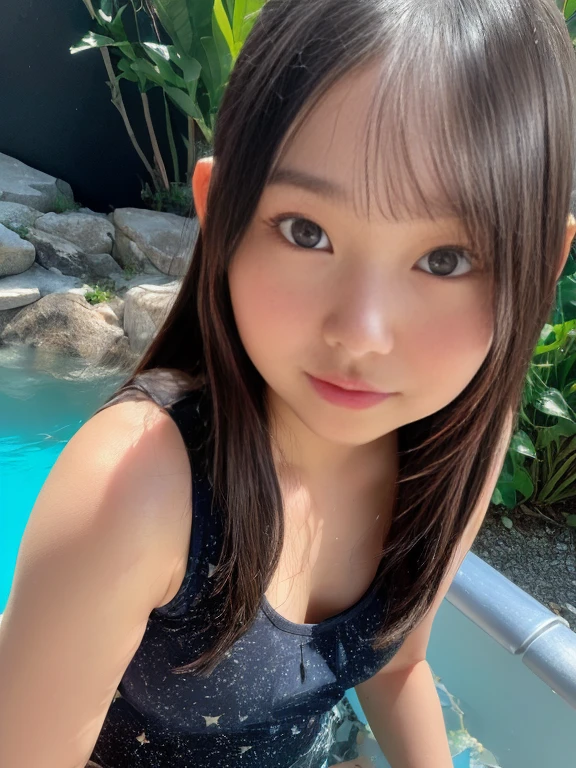masterpiece, highest quality, 8k, Ultra-dense skin, Perfect Anatomy,Upper Body, cute,1 girl,Haruka Fukuhara,Face close-up,Long black hair,ponytail,Oily, shiny skin,Smooth Skin,Looking at the audience,Sharp focus,focus on,Frilled swimsuit,20-year-old,Natural look,A refreshing smile,Outdoor swimming pool,Resort,night,Fine grain,Excited,Sexy pose,erotic
