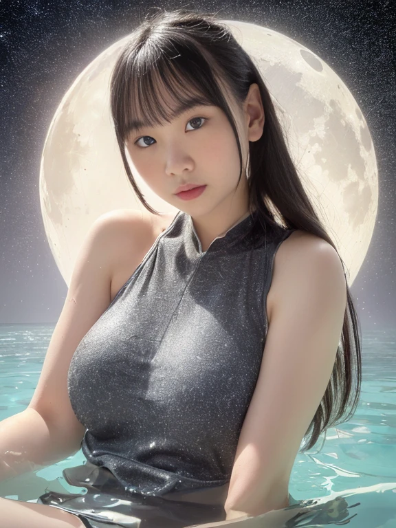 masterpiece, best quality, ultra high res, absurdres, (photorealistic:1.4), 8k, ultra detailed, perfect anatomy, perfect lighting, 1 girl, cute, beautiful detailed face, beautiful detailed eyes, big eyes, japanese girl, (standing:1.5), (from below:1.5), (cowboy shot:1.1), (white micro bikini:1.4), (string bikini:1.3), (white bunny ears hair band:1.3), (wrist cuffs:1.5), (white fishnet high socks:1.5), (bowtie:1.2), (big breasts:1.2), (cleavage:1.5), bangs, (long hair:1.2), (brown hair:1.2), (brown eyes:1.3), on the resort beach, night, (fullmoon:1.3)