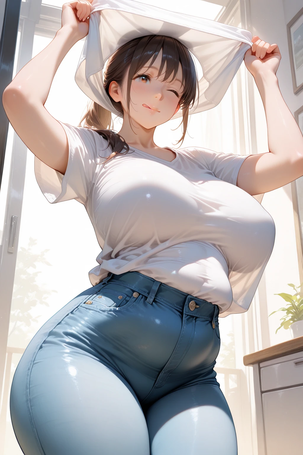 Sexy food delivery girl outside of your apartment door with a food bag in her hand and wearing her uniform: tight white slacks that frame her wide plump camel toe, form-fitting sky blue shirt that covers her body but shows her nipples poking the fabric, orange visor. Young short sexy sporty, huge massive hanging breasts, full thick pouty lips, short sexy wavy black hair, big eyes with long eyelashes, big gorgeous smile, super wide birthing hips, thick toned thighs, no bra, no panties. Cinematic lighting.