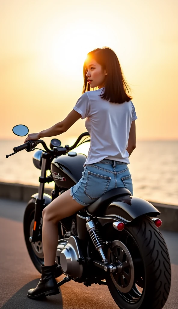 sit astride a motorbike,((ビキニ)),looking at the camera,20-year-old,Beauty,Cute face,Beautiful face
