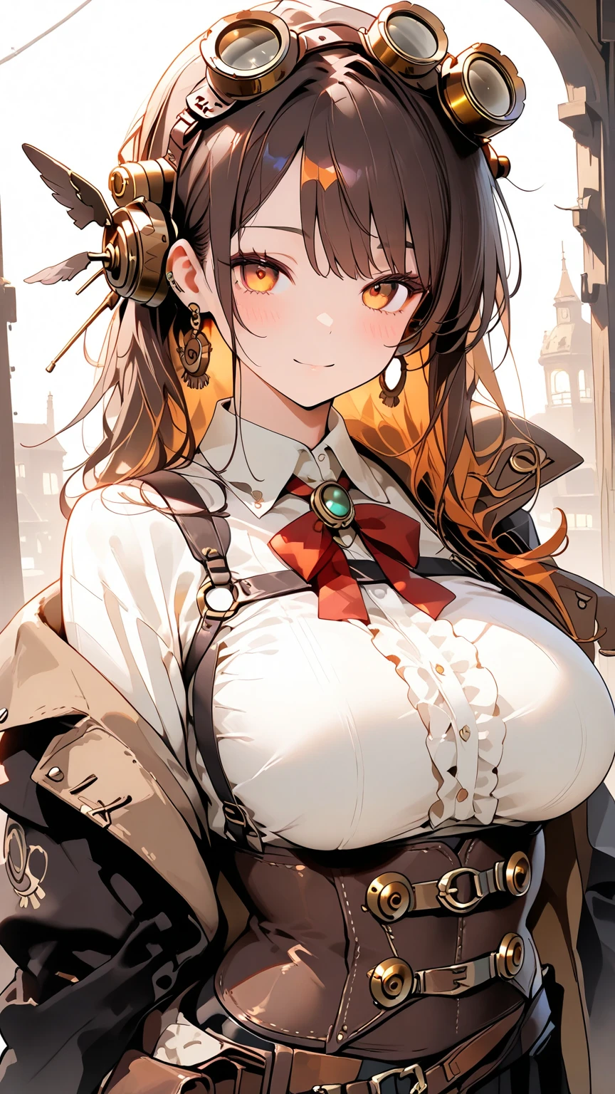 master piece,vest quality,(super detail),perfect writing, Highly detailed CG,Super detailed,(highly detailed eyes,very cute face,highly detailed face:1.3),beautiful anime girl,(solo girl),(super huge breasts:1.7),(black hair,short hair,2 side up:1.5),(big yellow eyes:1.1),(low length),jitome,(smile full of joy),open your mouth,break,(steampunk costume:1.5),(brown leather long coat,collared shirt,vest),Leather Messenger Bag,mini skirt,look down,(Steampunk cityscape,Tall clock tower,An airship flies in the distance:1.5),cowboy shot,Angle from below