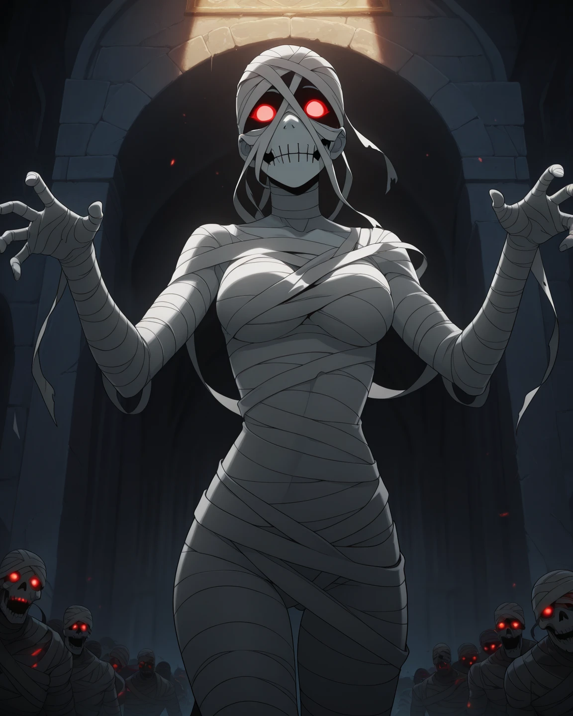 Female's mummy, covered by a bandage, horror scene.