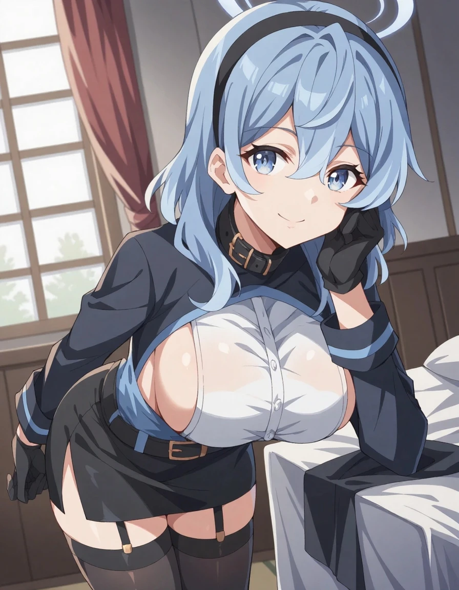 1GIRL, SOLO, SIDE PONYTAIL, HOSHIMACHI SUISEI, FINGERLESS GLOVES, SINGLE THIGHHIGH, JEWELRY, THIGH STRAP, BRACELET, BUTTONS, BLUE CHOKER, BLUE BELT, MINI CROWN, BLUE ASCOT, (get angry、blush、Completely naked、heart-shaped pubic hair)
