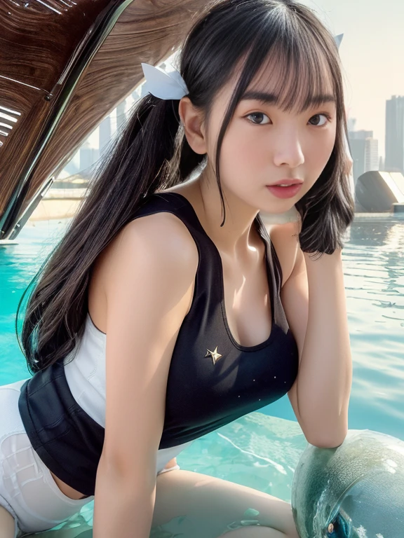 On the deck of a luxury cruise ship，mast，buoy，Girls pose for photos in loose sailor suits and short skirts，Slim girl model，ff Tifa，24 years old female model，double-ponytail，Unilateral bangs，