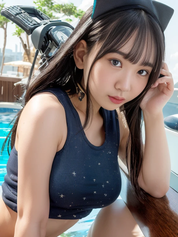 (ultra - detailed, 16K resolution, Cinema lenses, rendering by octane), (high resolution:1.18), intricate detail, (masterpiece:1.1), (highest quality:1.1), (1girl, portrait, white hair, blue eyes, short hair, detailed eyes),Wearing silver DJ headphones, sequined T-shirt, (in the beach:1.5), (Iconic hip-hop pop costumes:1.3), Smile while DJing on stage, DJ studio next to the beach, ((A stylish DJ stage on a hill overlooking the beach)), full body shot, Photorealistic photography by Sunshine, (cute round face:1.3), perfect fingers, five fingers, beautiful hands, perfect hands. master peace, cute smile, Fixhand.
