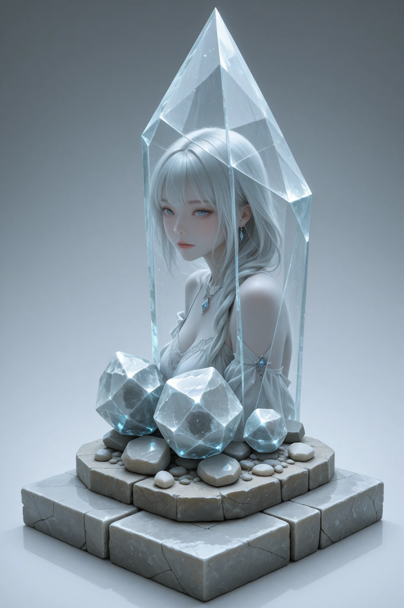(A stone statue of a gray girl:1.3)，(gray colored skin:1.8)，(There are a large number of blue gemstones on the surface of the stone statue:1.52)，(The surface of the statue is smooth:1.3)，(The surface of the statue is broken:1.28)，(Naked:1.35)，(There are no ornaments on the body:1.3)，(don't have clothes:1.2)，Cute anime style 3D girl rendering，high detal，high qulity，4K，tmasterpiece，anatomy correct，(shapely body:1.25)，The expression was desperate and surprised，Open your mouth slightly，Delicate long hair，silber hair，In the background is a dim ancient Greek temple with many white naked carvings，Spooky and terrifying，(The background is darker:1.2)，The statue has no bottom