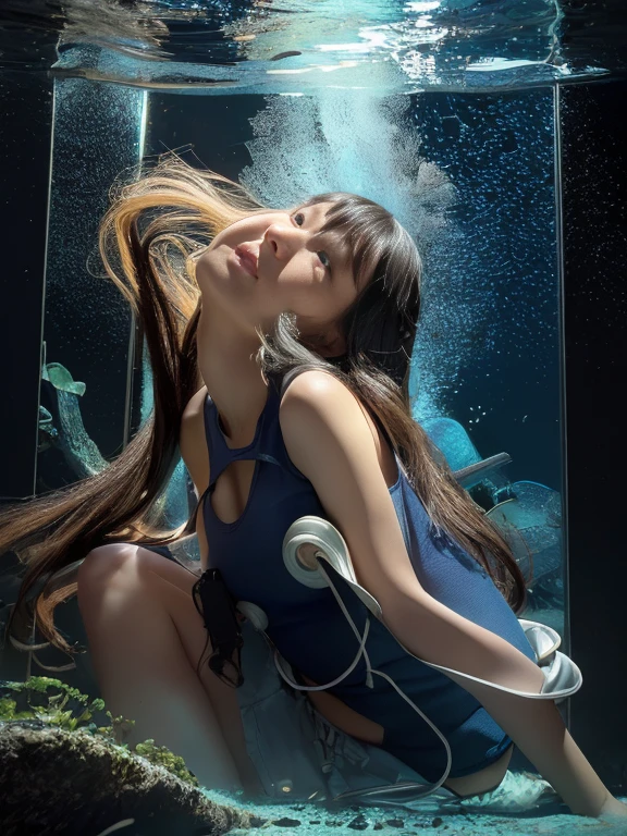 anime drawing, girl with long black hair in a suit sitting on a bed looking out a window that overlooks an aquarium.
