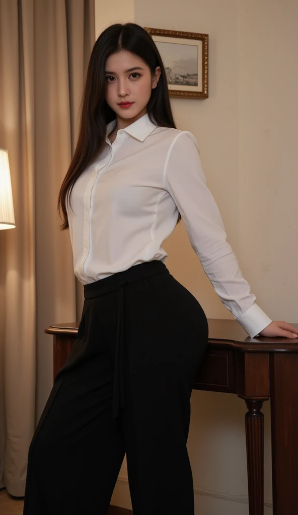 pretty caucasian milf, girl dressed silk white shirt, busty, downblouse, busty, satin, satin pants black leather, leather pants, beautiful mature looks.
