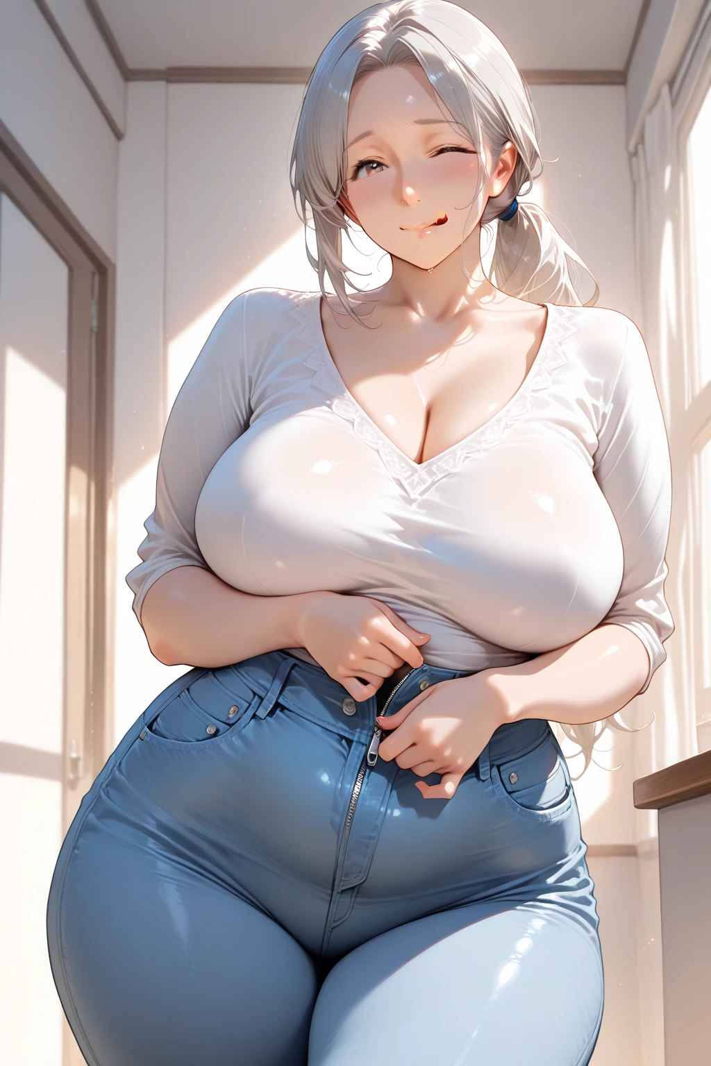 Big round breasts ((beautiful and beautiful woman in her 30s)) (short light silver hair, tied with ribbon, long side bangs covering the eye, hair clip, beautiful earrings), beautiful detailed yellow eyes, double eyelids, detailed iris, light effect on the eyes, ((hoodie top underneath, high-waisted denim shorts with embroidery made in delicate and cool fabric, striped socks)) ((hyper detailed, 16k, masterpiece, hyper realistic, perfect lighting , effect of light and shadow on the skin, sharp focus, soft lighting) ), perfect pink lips, tanned skin, woman of superior beauty, beautiful and sensual, is in love, insinuating smile ((has a curvy body with beautiful notable curves, with big breasts )) ((variable sensual poses inside the elevator))