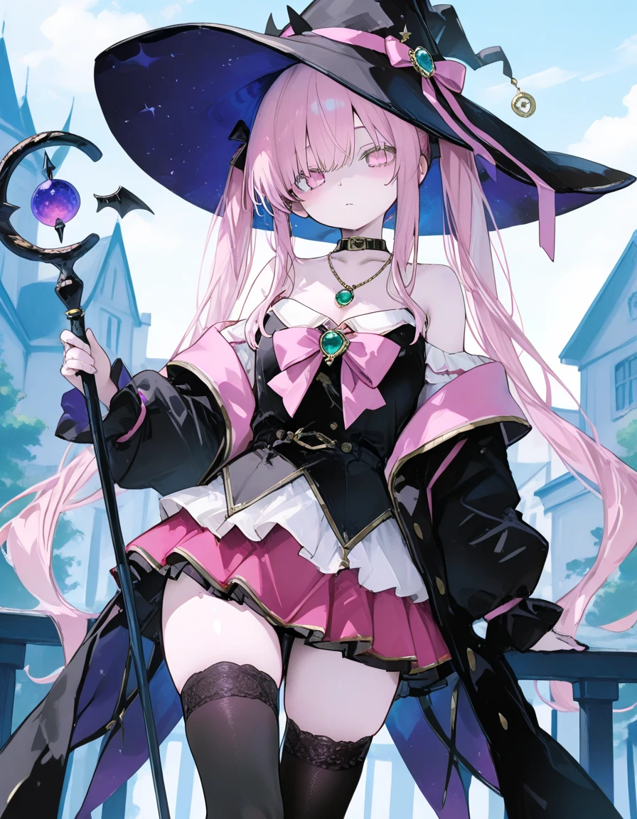 Masterpiece composition: A solo female figure, alone in the center of a high-contrast, cinematic frame. Pink-haired beauty stands out against a dark background, her magenta-hued long sleeve and dress radiating an otherworldly aura. The slit dress reveals a tantalizing glimpse of thigh-high stockings, while magenta footwear adds a pop of color. A witch's hat adorns her head, as she grasps a staff, exuding confidence and mystique in a dynamic pose that fills the frame.