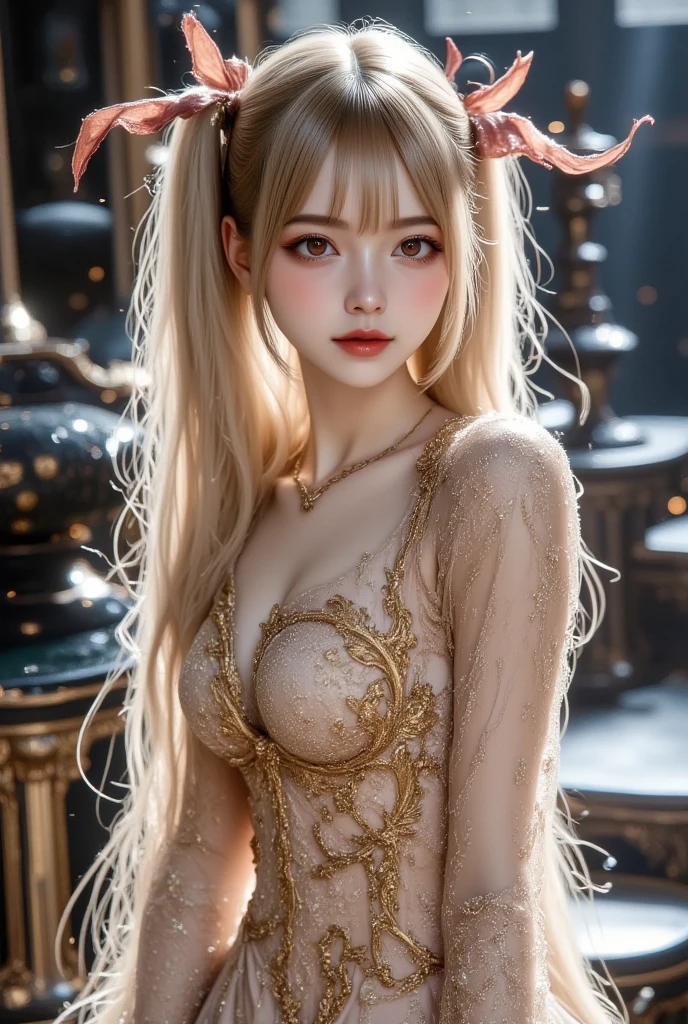 (Pure color: 0.9), (color: 1.1), (masterpiece: 1,2), highest quality, masterpiece, High resolution, original, highly detailed wallpaper, beauty, sexy gothic dress, gothic hair accessories, melancholy, very big breasts, Sepia color, 30 years old, accurate body structure, two arms, five fingers, Beautiful shiny platinum blonde hair, curly hair, blue eyes, toned muscular body, Glossy skin, Rose,