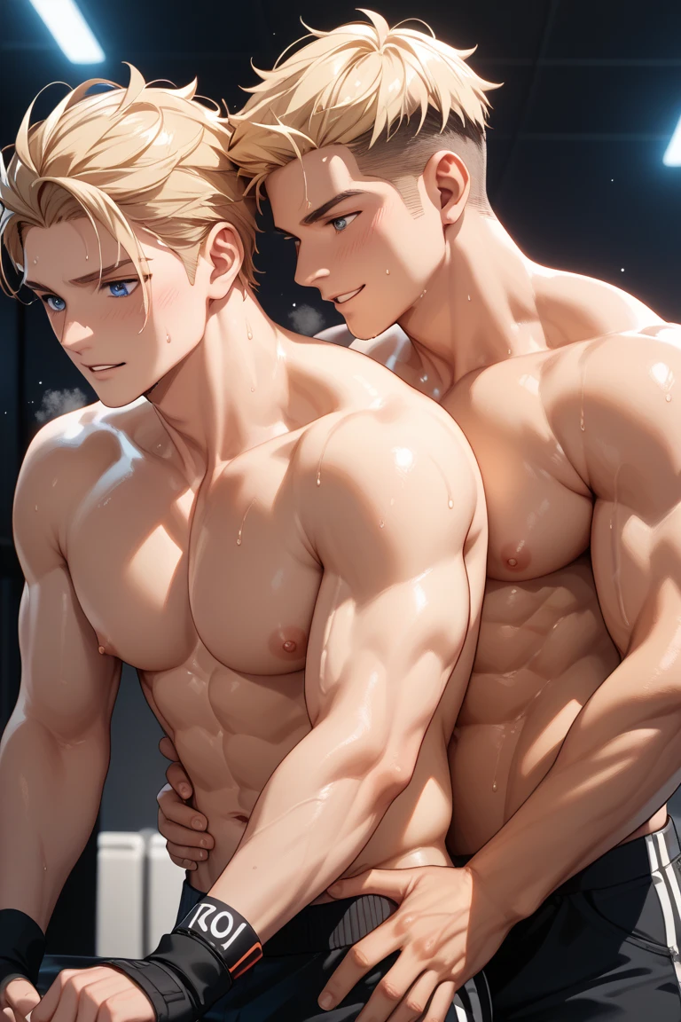score_9, score_8_up, score_7_up, score_6_up, jean kirstein, stubble, hairy body,  attack on titan, reiner braun, attack on titan, the final season, attack on titan the final season,
2boys, couple, both in picture, pectorals, blush, abs, grin, arrogant grin, arrogant attitude, self confident, muscular male, bara, hazel eyes, muscular, male pubic hair, nipples, pubic hair, toned male, navel, toned, large pectorals, nude, big erect penis, comparing muscle, muscle comparison, showing off, sweat drops, sweating, glistening skin, (realistic:1.3)
