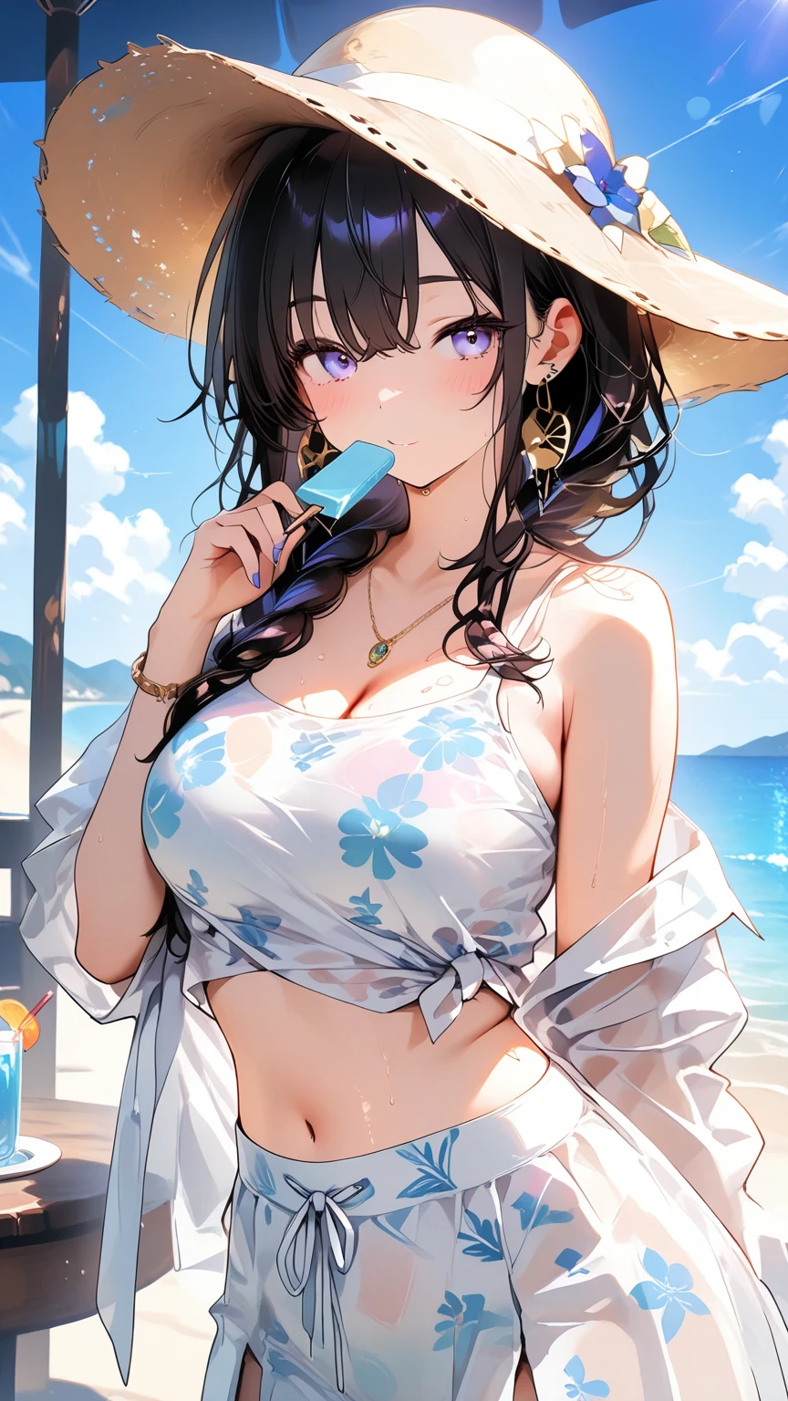 Mulher brasileira com cintura pequena bunda grande e seios grandes, medium brown eyes, in a bikini with her boobs sticking out with white liquid on her ample breasts, with huge tongue still from his mouth, totalmente nua