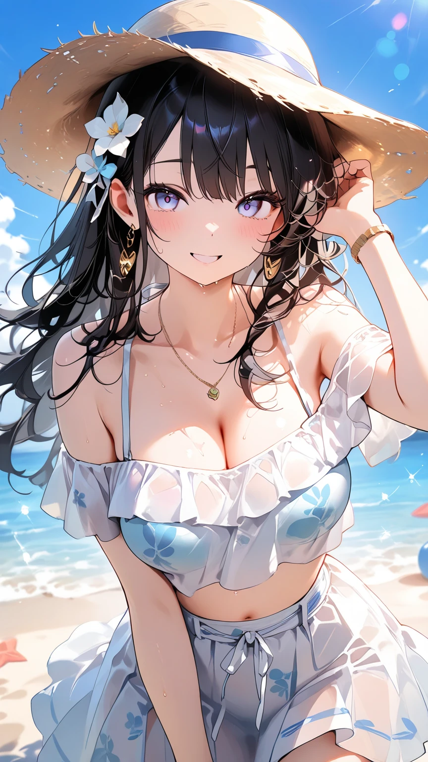 (8K、Highest quality、Highest quality、masterpiece)、Detailed face、One Girl、
(Brown Skin:1.2)、Black Hair、Long Hair、
Pink Eyes、Sweat、Grin、
(White tank top、Denim hot pants)、
Beach、cloud、
belly button、Big Breasts、