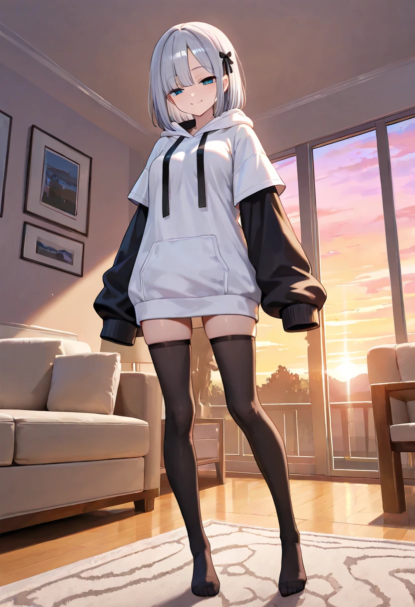 Large hoodie, oversized hoodie, skirt, tennis skirt, black clothes, black panties, standing up, large breasts, thick thighs, stockings, first person view, looking at self, looking down