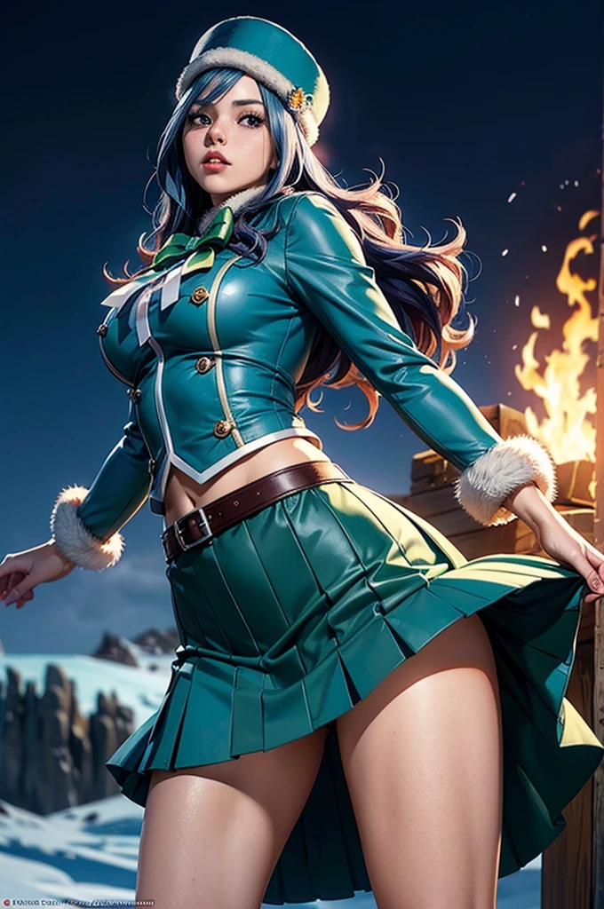 (masterpiece:1.3, top-quality, ultra high res, ultra detailed), (realistic, photorealistic:1.4), beautiful illustration, perfect lighting, natural lighting, colorful, depth of fields, ((slender)),green long hair, green eyes, white color dress, tigh china dress, sleeveless, Turquoise blue short skirt, ((blue waist cloak)), Dark gray gloves, elbow Glove, (Navel-out), Black pantyhose, Brown waist belt,beautiful detailed hair, beautiful detailed face, beautiful detailed eyes, beautiful clavicle, beautiful body, beautiful chest, Slender thigh,Thin. legs, beautiful fingers, 
looking at viewer, full body, 1 girl, perfect face, (perfect anatomy, anatomically correct), cute and symmetrical face, babyface, shiny skin, bangs, slender, white_long boots, 
(beautiful scenery), evening, mountain, snow, winter, (snowing:1.2), snowflakes, dynamic pose, (seductive smile, upper eyes, parted lips),