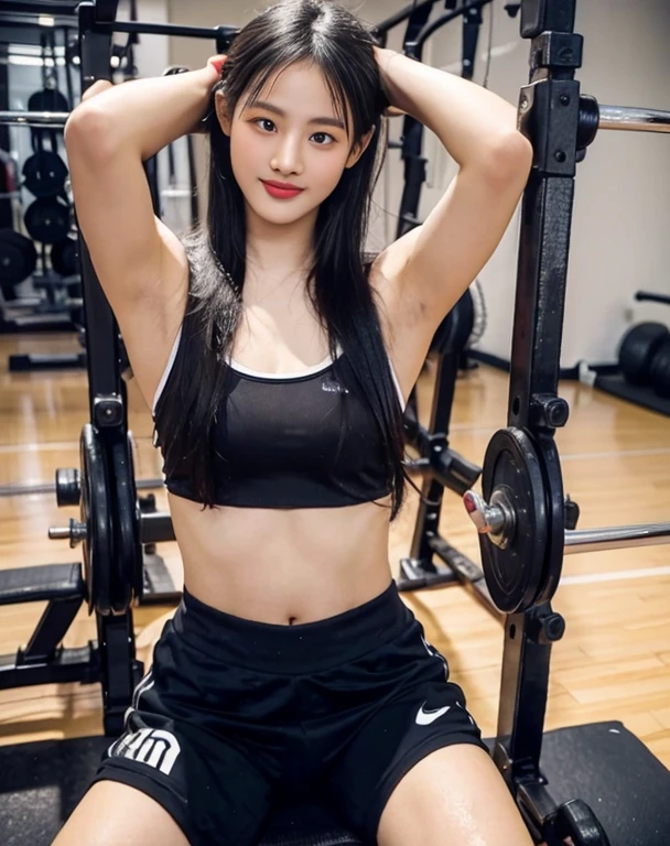 (Woman in her 20s, Long Black Hair, smile), (Sportswear, Gymのトレーナー, Gym), (Perfect Style, Pure white shiny skin, sexy)