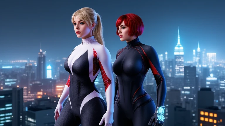 Realistic image of {Spider-Man 2099 and Gwen Stacy, naked, Action {in love}, {Neon lighting))}, smooth and smooth skin, Symmetrical face, full body, big ass, symmetry and full mouth sensualizing, human ideal, 85mm lens, f8, photography, ultra detail, Natural light, backlight, photo, studio lighting