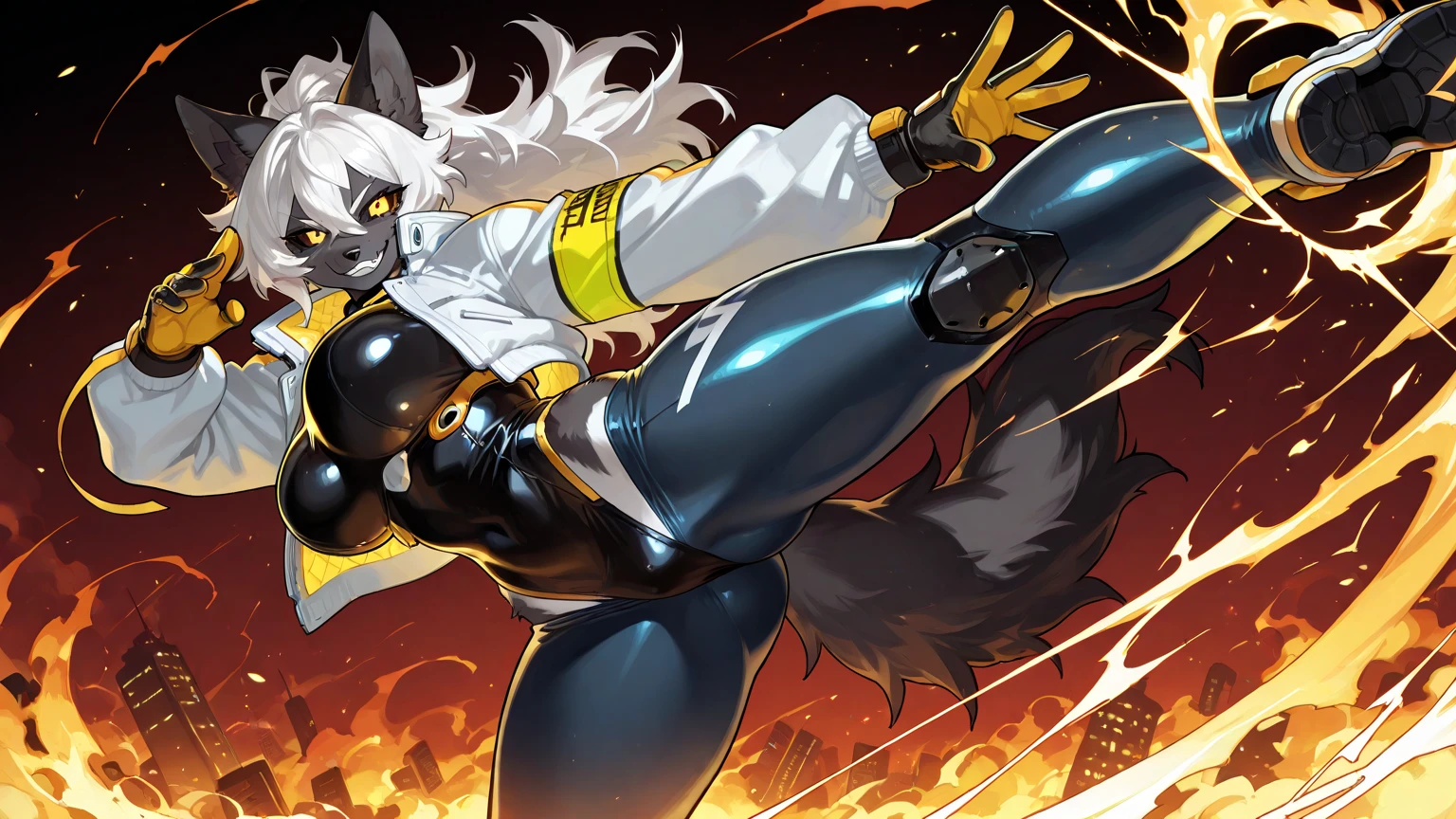 masterpiece, best quality, amazing quality, very aesthetic, absurdres, ratatatat74, drakopa, furry female,  long hair, aqua eyes, white hair, black skin, multicolored skin, white skin, hair between eyes, teeth, looking at viewer, headband, long sleeves,  hair ornament, boots, mask, mask on head, rock, bangs, thighhighs, angry, serious, smile, clenched teeth, clenched hands, (claws:1.2), skull mask, explosion, fighting stance, grin, blurry background, floating hair, black headband, debris, dark cave, dark , depth of field, legs apart, glowing, fire,<lora:drakopalustra:1>