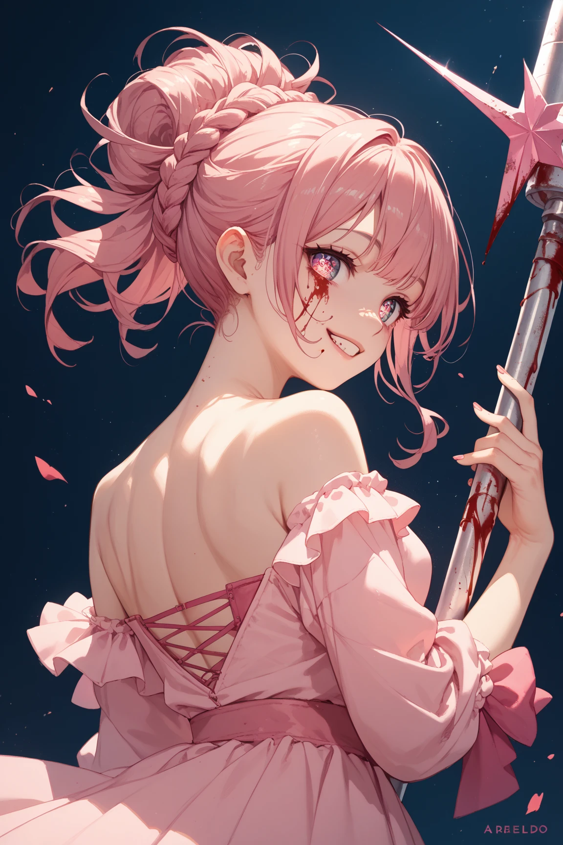 Sakura haruno, ((soil)), pale skin, dead, covered in blood, queen of the undead, ((forehead the show)), standing in the middle of the blood-stained snow, pink hair, short hair, zombie, dead and lifeless eyes. whole body,