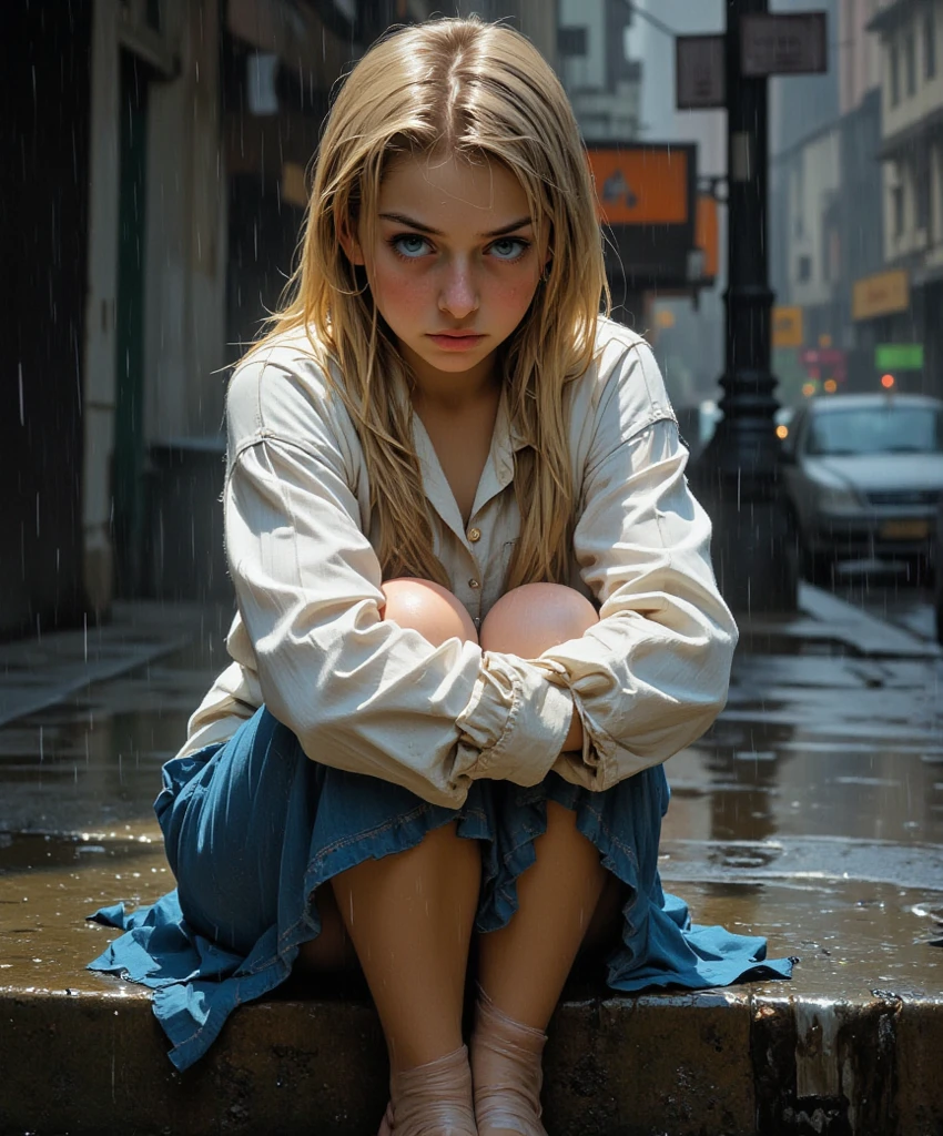An overweight Russian girl squats with bare legs in a puddle in a dirty alley