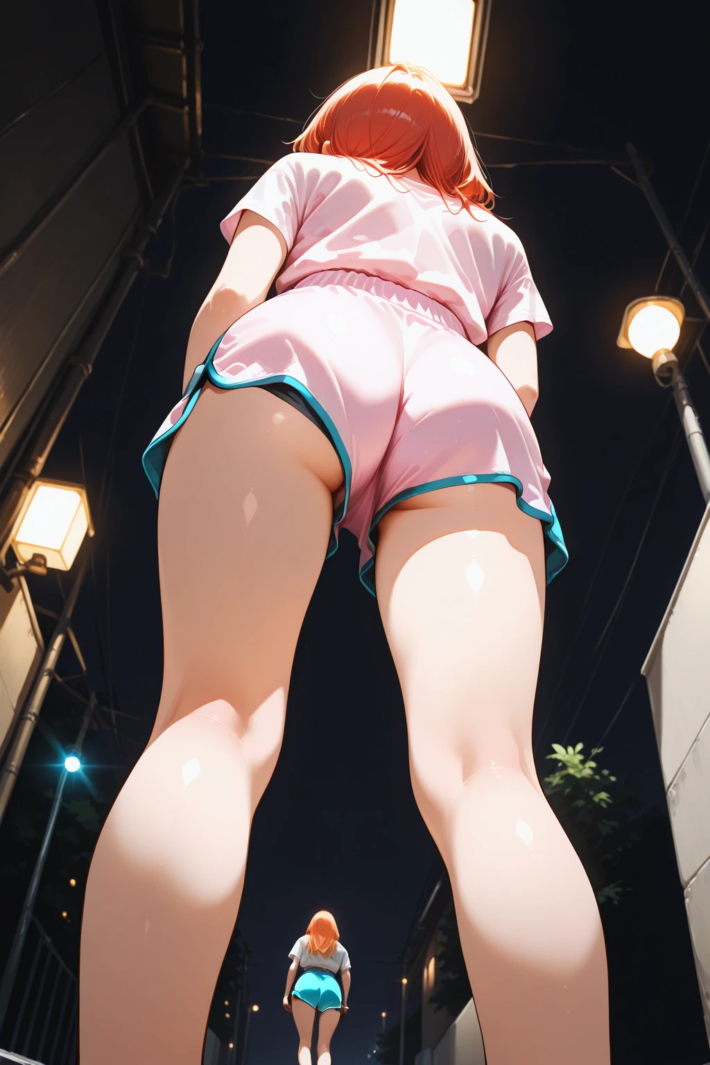 outside，crowd，（（（The girl takes off her pants to her knees））），Take off your pants and pull them down to your knees，pull your pants down to your knees、（（Showing underboob）），Revealing panties，Short hair in twin tails，Lace panties，Pink Panties，立ったままShowing underboob