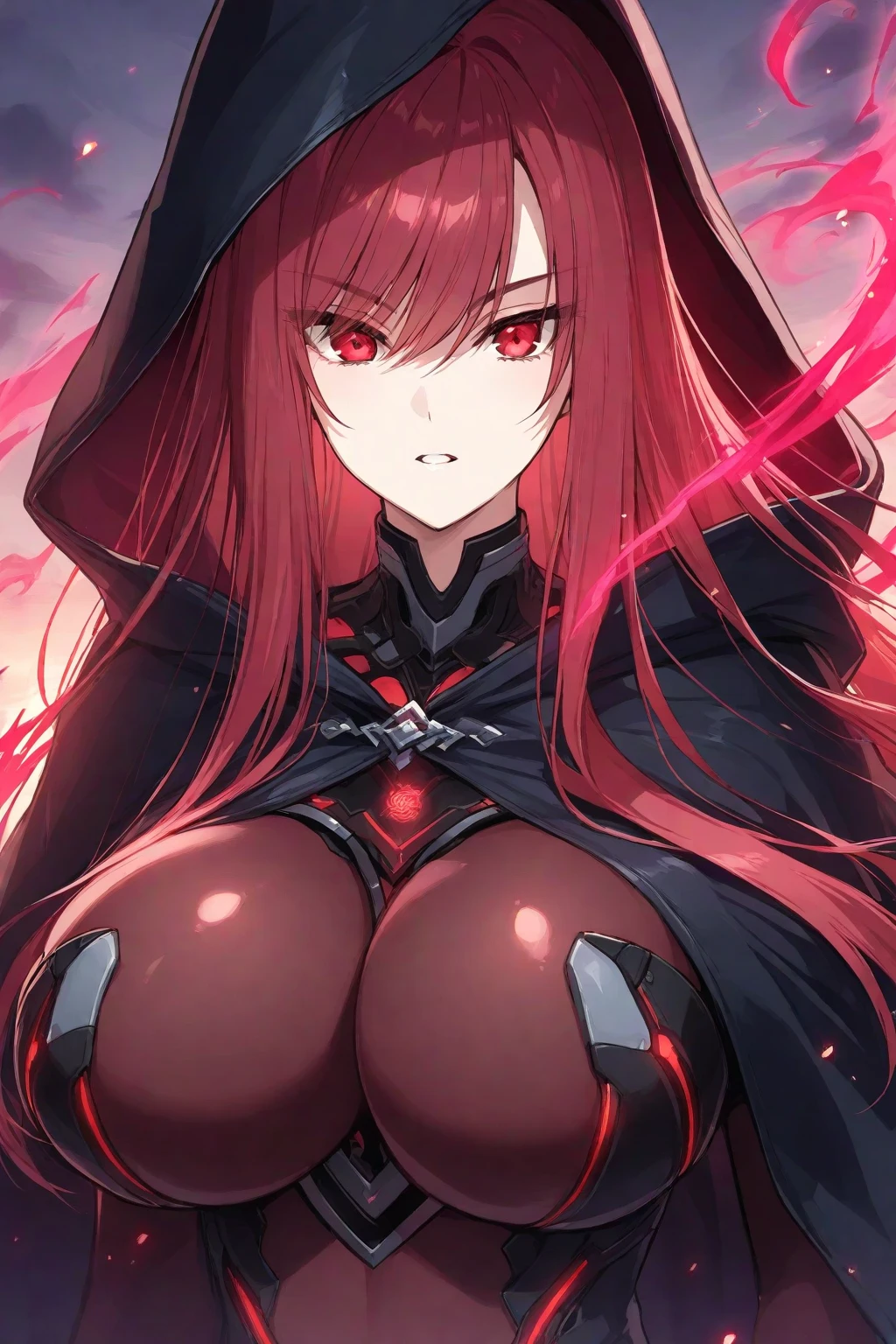 (highres, high quality:1.2), intricate details, cinematic lighting, sharp focus, depth of field, Ingrid, 1girl, mature female, (dark-skinned female:1.1), dark skin, ((upper body, half body shot:1.3)), (looking at viewer, sunny beach, determined, pink red hair, very long hair, hair intakes, makeup, lipstick, (mole under mouth:0.8), eyelashes, yellow eyes, detailed face, helloutfit, red cape, black (turtleneck:1.1), (underboob:1.1), black elbow gloves, (coattails:1.1), revealing clothes, center opening, (multicolored clothes:1.1) midriff, natural large breasts,