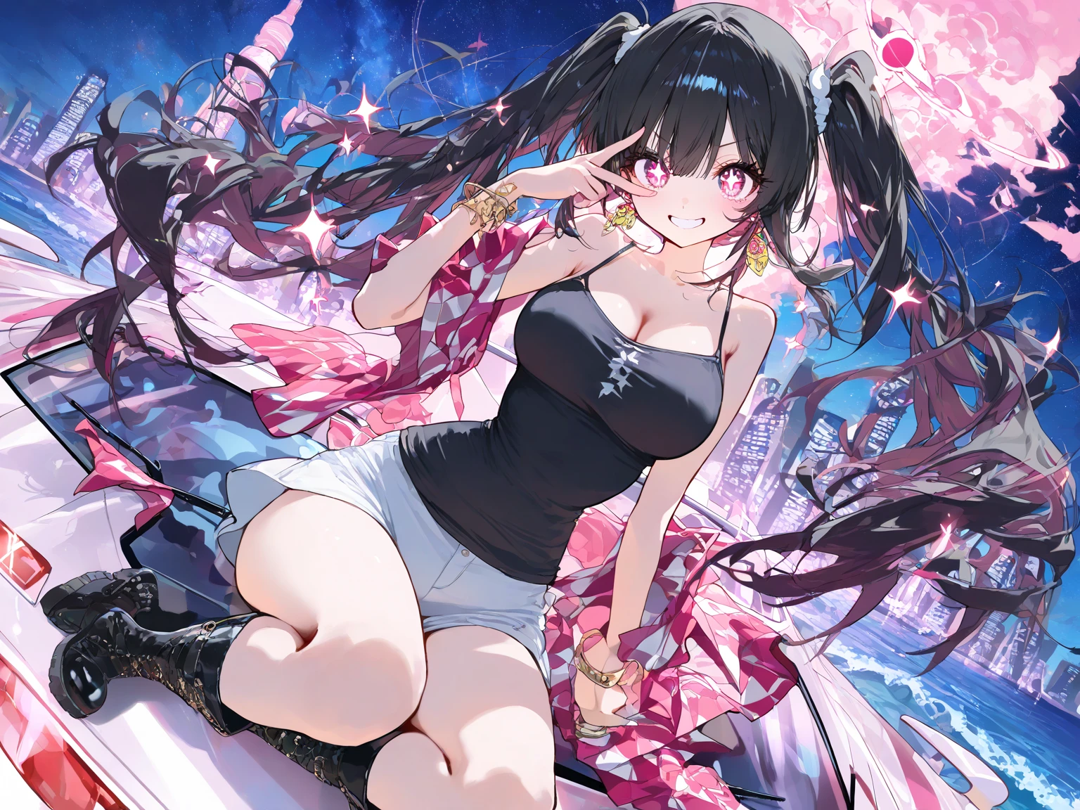 "kawaii, cute, adorable woman with pink, black, and baby purple color scheme. She is dressed in sky-themed clothes made out of clouds and sky motifs. Her outfit is fluffy and soft, with decora accessories like hairclips. She embodies the vibrant and trendy Harajuku fashion style." (((Black hair, red eyes, rainbow strands in hair)))), big boobs, huge breasts, masterpiece, detailed eyes, smiling, detailed lips, ju