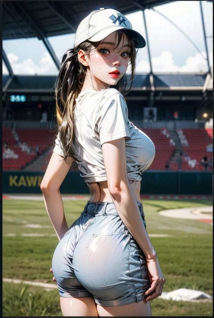 From behind,Backwards,stretch,Gym suit,One girl,(Highly detailed skin),Curvy,,Beautiful breasts,Large Breasts,Pale skin,Pointed Chest,Erect nipples,(Fantasy art,Best image quality,Hyperrealist portrait,(8k),Ultra-realistic,最high quality, high quality, High resolution, high quality texture,Attention to detail,Beautiful details,Fine details,Highly detailed CG,Detailed Texture,Realistic facial expression,masterpiece,Presence,dynamic,bold),ponytail,(Thinning hair),(Soft Hair),(Straight hair:1.5),Long, slicked bangs,Very light coppery amber hair,Hair on one eye、Nipples are visible