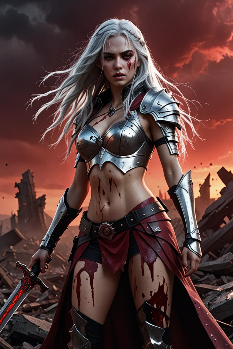 ancient sombre warrior goddess, long white hair, red eyes, red lips, very revealing outfit, large breasts, scar over eye, bloodied battle axe, battlefield, full moon, (best quality,4k,8k,highres,masterpiece:1.2),ultra-detailed,(realistic,photorealistic,photo-realistic:1.37), cinematic lighting, dark and moody atmosphere, dramatic pose, intricate details, glowing red eyes, flowing white hair, armored top, short skirt, blood dripping from axe, flames in background, ruined buildings, dark cloudy sky, dramatic lighting, cinematic camera angle